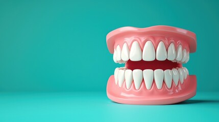 Fototapeta premium A pink and white dental model with teeth and gums on a teal background.