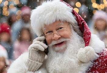 Santa Claus making an epic phone call, with snow falling outside and lights in the background.