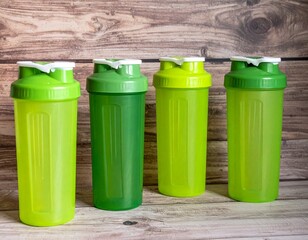 green tech concept colorful shaker cups lined up on a wooden background perfect for fitness and nutrition