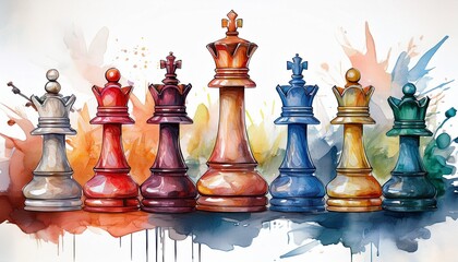 watercolor illustration of various chess pieces in different colors on a white background perfect for game themed designs or educational materials