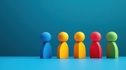 Five colorful wooden figures on a blue background.
