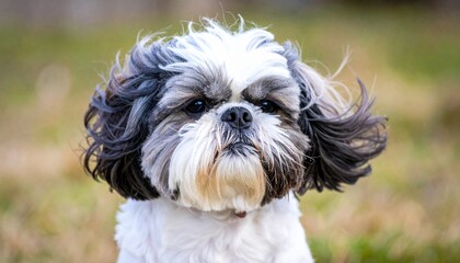 elegant grey white shih tzu dog with flowing hair in wind stock photo