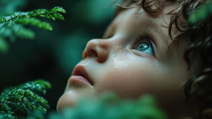 A child gazes upward amidst lush green foliage, capturing the innocence of childhood and the wonders of nature, with light reflecting softly on their face and skin.