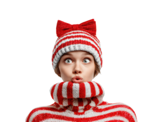 Striped winter fashion with playful hat and scarf for cold days on a transparent background, cut out