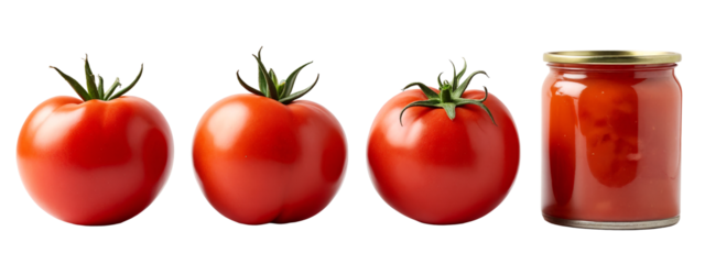 A close up of three tomatoes and a jar of tomato sauce.
