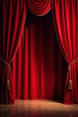 Crimson velvet curtains rise, revealing stage, classic, anticipation