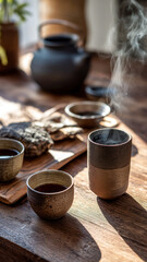 Still life scene of a traditional tea ceremony on a wooden table with teacups, tea, teapot and steam. Warm and inviting atmosphere.