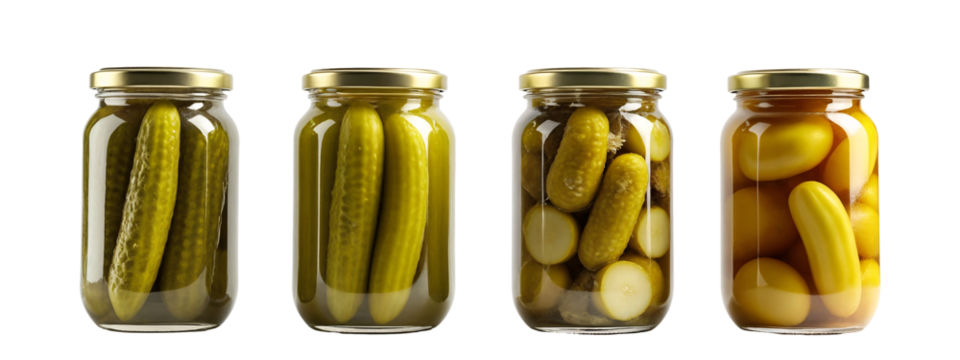 Three glass jars filled with pickles