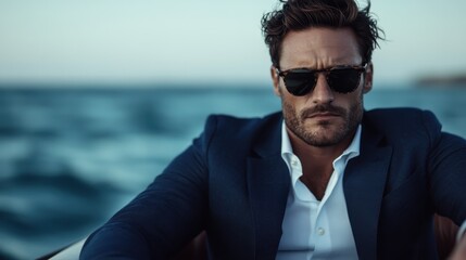 A stylish man sporting sunglasses and a blazer gazes thoughtfully at the horizon, embodying confidence and sophistication against a serene ocean backdrop.