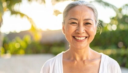 Smiling mature woman with gray hair in a white top, surrounded by greenery and soft sunlight in a serene outdoor setting