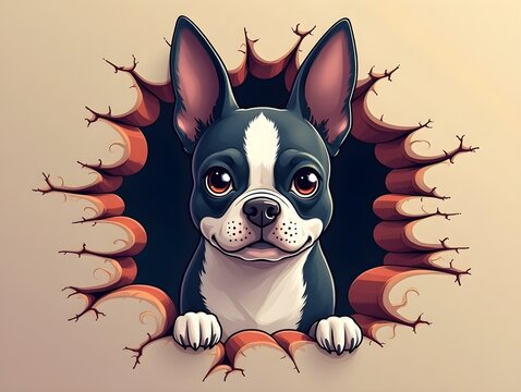 AI generated Boston Terrier Dog looking breaks through a breakthrough wall Vector