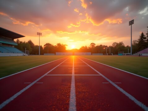 AI generated Track and field at sunset. A sunset on a track at football stadium