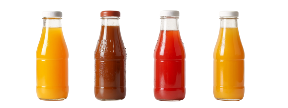 A row of four bottles of different colored drinks.