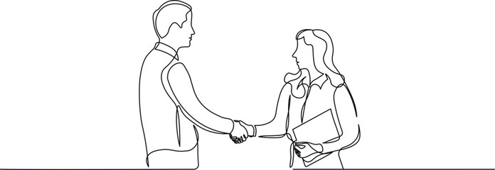 Job interview - vector modern simple one continuous line design composition with recruiter and candidate. Continuous Line Drawing of man and women are shaking hand and talking. Vector illustration