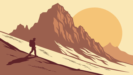 Hiker in the mountains at sunset. Vector illustration for your design