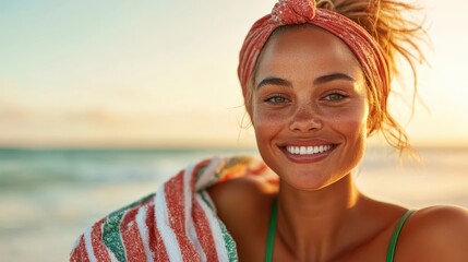 A joyful woman wearing a stylish headband smiles brightly against a sunlit beach backdrop, embodying happiness, warmth, and carefree summer vibes.