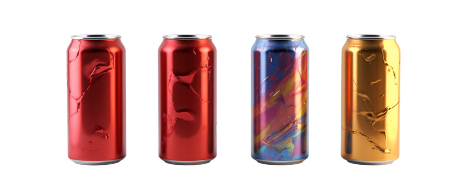 A set of four cans of soda with different colors.