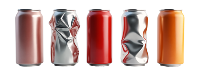 A group of four cans of soda sitting next to each other.