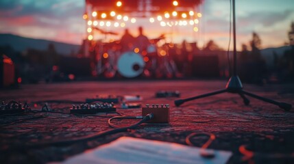 An electrifying concert scene focused on the equipment and stage lights, capturing the energy and excitement of live music, performances, and artistic expression.