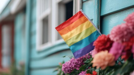 A bright rainbow pride flag is elegantly displayed against a backdrop of vibrant flowers and a beautifully painted home, symbolizing acceptance and love.
