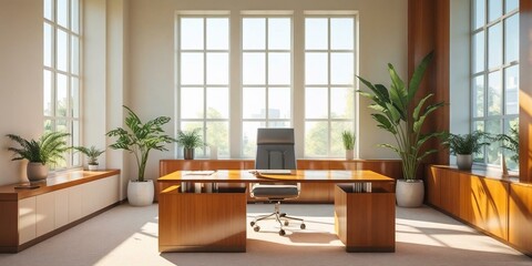 a brightly lit office with wood accents