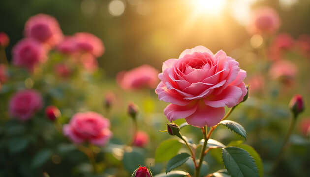 Close-up of a blooming pink rose with sun rays shining in a beautiful garden background
