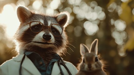 A charming raccoon donned in a doctor's coat holds a bunny, capturing whimsical imagination and innocence in a delightful, nature-inspired setting.