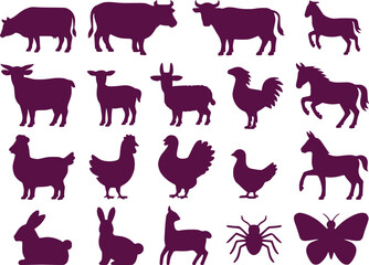 Farm Animal  Insect Silhouettes Icon Set Agriculture Nature Vector Graphics