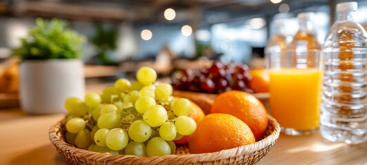 A vibrant spread of fruits and refreshments, including grapes, oranges, juice, and water, on a wooden table.