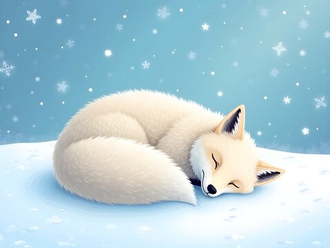 Arctic fox curled up sleeping on snowy winter background with blue sky and falling snowflakes illustration