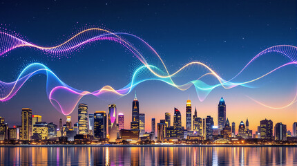A vibrant city skyline at dusk with glowing neon waves in the sky, symbolizing modern technology, innovation, and urban energy.