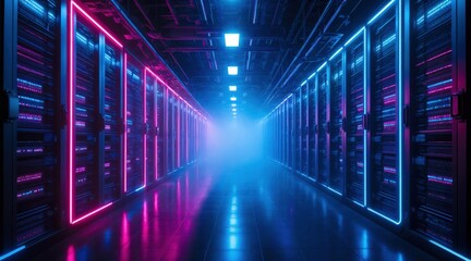 Fototapeta premium Neon-lit futuristic server racks in dense cyberpunk interior
