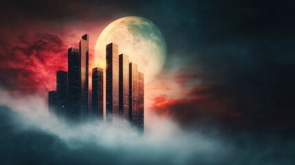 Fototapeta premium Modern skyscrapers rise above fog with a dramatic moonlit backdrop