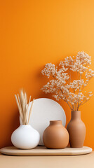 Minimalist still life with dried flowers and ceramic vases