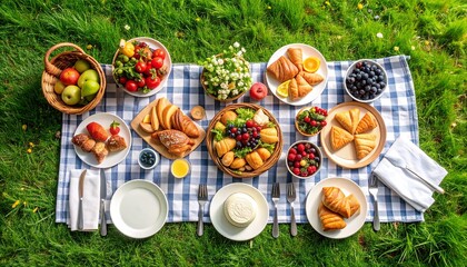 Summer Picnic Overhead View of Delicious Food and Drinks on a Blanket