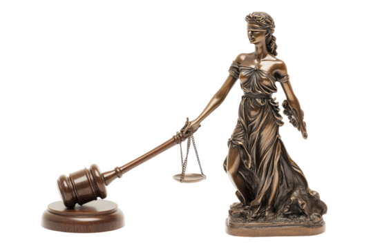 Bronze statue of justice, scales and gavel
