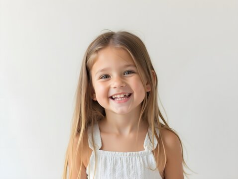 Smiling Child with Long Hair Against Plain Background for Family Portraits