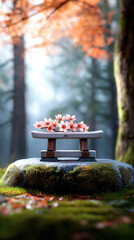 Japanese tea ceremony setup outdoors in autumn forest