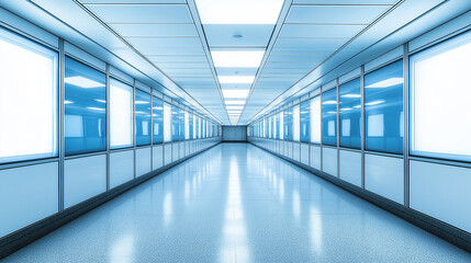 Bright hospital corridor with glass walls and sunlight