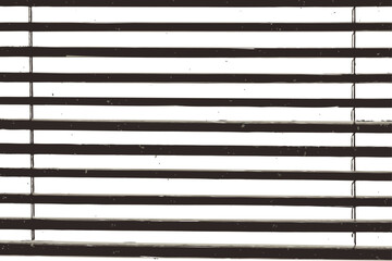 A close up view of horizontal window blinds with dark parallel slats patterns, black slatted ventilation grille uniform rows subtle texture arranged horizontally shadow. 
