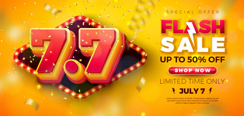 7 July Shopping Day Flash Sale Design with 3d 7.7 Multilayer Number, Light Bulb Billboard and Falling Confetti on Yellow Background. Vector Summer Special Offer 50 Percent Off Campaign Discount