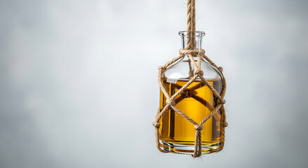 Hanging Elixir: Golden Liquid in Macrame Bottle Holder