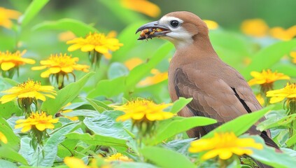 Brown bird eating insect amid yellow flowers