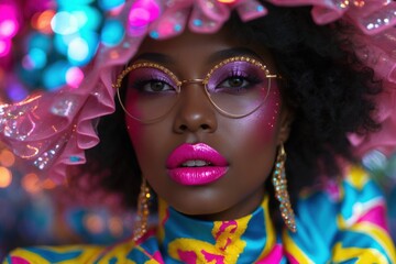 Obraz premium Colorful fashion portrait showcasing bold makeup and vibrant accessories in artistic setting