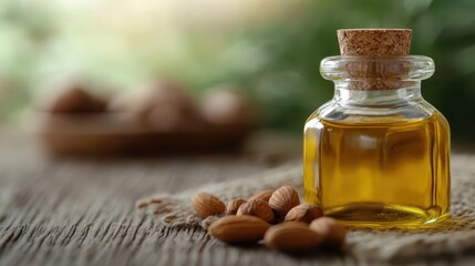 This beautiful glass bottle filled with almond oil showcases its rich golden hue, representing natural beauty and wellness in holistic and skincare practices.