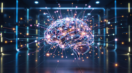 A glowing futuristic artificial intelligence brain with interconnected neon nodes in a high-tech environment, symbolizing AI, innovation, and advanced technology.