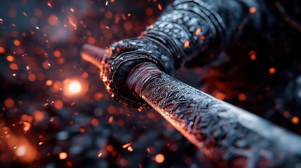 A close-up shot of a warrior gripping an intricately designed sword, surrounded by a mystical atmosphere, emphasizing strength and the essence of combat.