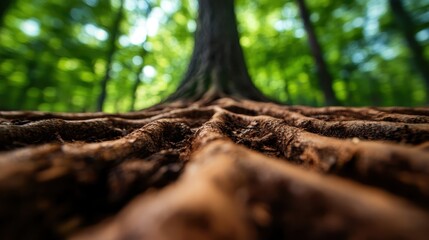 Fototapeta premium An artistic perspective on the roots of a tree, partially exposed in a forest setting. The natural patterns and texture signify strength and resilience in nature's ecosystem.