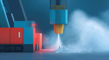 A dynamic scene capturing the moment a hydrogen microturbine initiates power delivery to a largescale construction printer emitting minimal exhaust and showcasing an ecofriendly operation.