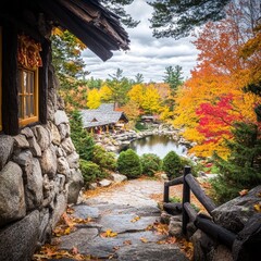 Autumnal cabin nestled in a stone garden, overlooking a tranquil pond. Colorful foliage blankets the surrounding hills